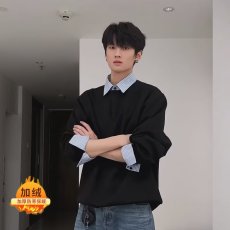 批发条纹撞色假两件设计<b class='q'>男装</b>2025秋新款韩版宽松<b class='q'>衬衫</b>领套头卫衣