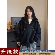 批发美式复古珍珠设计感连帽短款卫衣女外套春秋辣妹<b class='q'>运动服</b>休闲上衣潮