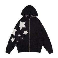 批发美式复古<b class='q'>街头</b>星星拉链针织开衫毛衣宽松休闲百搭连帽外套女