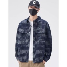 批发复古格纹牛仔外套男春秋季2025新款潮牌休闲<b class='q'>衬衫</b>翻领夹克男上衣服