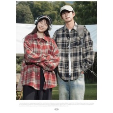 批发日系复古刺绣毛呢格子<b class='q'>衬衫</b>男秋冬季宽松加厚翻领<b class='q'>衬衣</b>休闲工装外套