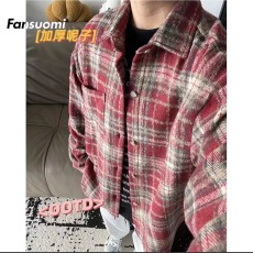 批发重磅复古格子长袖<b class='q'>衬衫</b>男士春秋装ins港味情侣款磨毛<b class='q'>衬衣</b>小众外套