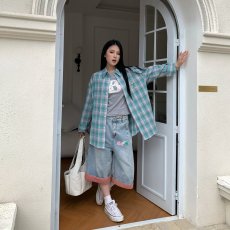 批发美式<b class='q'>街头</b>秋冬扎染水洗格子衬衫外套女高级宽松外搭设计感长袖外套