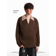 批发假两件双V领套头毛衣秋冬男女百搭穿搭羊毛混纺简约老钱风针织<b class='q'>衫</b>