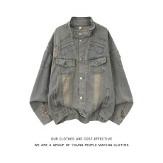 批发2025秋季新款美式复古破洞<b class='q'>牛仔外</b><b class='q'>套男</b>装潮牌宽松水洗工装帅气夹克