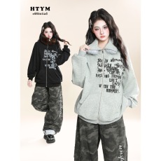 批发美式<b class='q'>街头</b>可拆卸毛领字母印花立领卫衣外套女款春秋季宽松情侣开衫