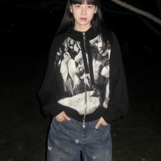 批发美式连帽外套女春季新款<b class='q'>街头</b>黑色宽松卫衣拉链针织开衫亚文化上衣