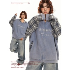 批发原创美式格纹拼接做旧连帽衫卫衣男女秋季<b class='q'>街头</b>宽松休闲开衫外套