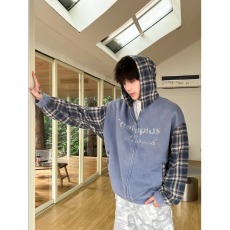 批发原创美式格纹拼接做旧连帽衫卫衣男女秋季<b class='q'>街头</b>宽松休闲开衫外套