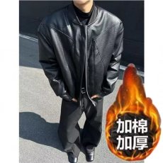 批发2025秋冬新款<b class='q'>男士</b><b class='q'>皮衣</b>夹克新款黑色外套圆领修身韩版青年时尚加绒