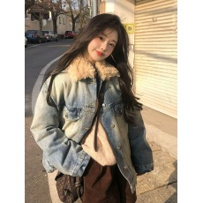 批发小香风复古蓝色毛毛牛仔夹克外套女冬季2025小个子短款开衫上衣秋