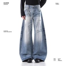 批发复古水洗蓝色猫须弯刀牛仔裤<b class='q'>男</b>女微喇宽松阔腿拖地镰刀裤直筒哈伦