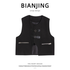 批发美式ins高街马甲男款设计感小众叠穿金属皮扣坎肩高级感背心夏季