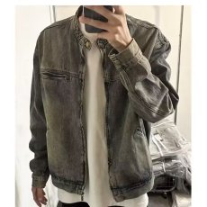 批发水洗做旧黄泥染复古蓝拉链<b class='q'>牛仔外</b><b class='q'>套男</b>款痞帅炸街宽松百搭夹克上衣