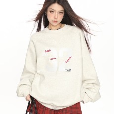 批发美式复古数字贴布绣圆领球服卫衣男女宽松<b class='q'>百搭</b>高级感运动上衣