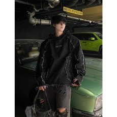 批发美式酷感风<b class='q'>牛仔</b>拼接连帽卫衣男秋冬季高级感痞帅黑色流苏破坏外套