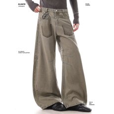 批发复古泼墨做旧褶皱工装牛仔裤<b class='q'>男</b>女美式春秋款直筒微喇哈伦阔腿裤子