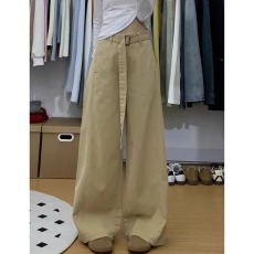 批发美式水洗卡其色腰带<b class='q'>设计</b>阔腿牛仔裤女秋冬款宽松显瘦直筒拖地裤子