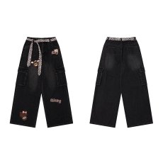 批发美式复古做旧黑色工装牛仔裤女vibe高街<b class='q'>设计</b>感宽松毛边拖地长裤子