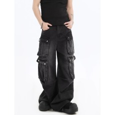 批发美式复古多口袋工装牛仔裤男高腰<b class='q'>设计</b>感宽松休闲显瘦阔腿裤潮