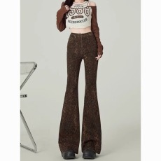 批发做旧豹纹微喇牛仔裤女2025新款<b class='q'>设计</b>感高腰弹力修身显瘦马蹄拖地裤