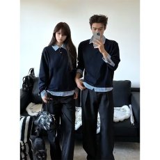 批发春秋美式潮牌假两件<b class='q'>衬衫</b>领卫衣男女重磅宽松休闲百搭<b class='q'>情侣</b><b class='q'>打底</b>上衣