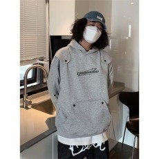 批发复古重磅灰色垫肩长袖卫衣男女春秋解构铆钉废土风连帽衫高街外套