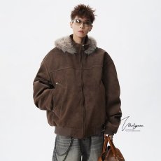 批发美式复古棕色<b class='q'>皮衣</b>外套男秋冬季潮牌高级感夹棉加厚麂皮绒夹克棉衣