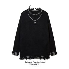 批发秋季新款美式<b class='q'>街头</b>水洗破洞项链圆领毛衣男女复古宽松百搭打底上衣