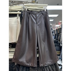 批发棕色八分PU皮裤子女秋冬新款高腰大码胖mm宽松直筒中裤<b class='q'>七分</b>阔腿裤