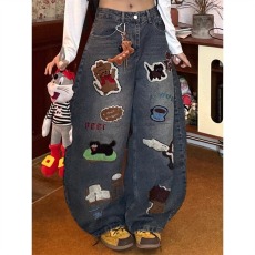 批发美式卡通毛巾绣<b class='q'>牛仔裤</b><b class='q'>男</b>冬季潮牌设计感阔腿裤子宽松百搭拖地长裤