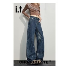 批发美式复古直筒<b class='q'>牛仔裤</b><b class='q'>男</b>秋季新款水洗做旧喷墨设计潮牌宽松阔腿裤子