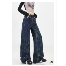 批发美式高街水洗复古泼墨<b class='q'>牛仔裤</b><b class='q'>男</b>春秋季设计感小众潮牌宽松直筒裤子