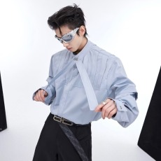 批发韩系穿搭系列上衣小众设计感浅蓝色衬衣<b class='q'>男</b><b class='q'>韩版</b>假领带垫肩网红衬衫