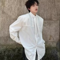 批发法式垫肩蓝色长袖衬衫男<b class='q'>夏</b>季小众高级感男装解构立领cleanfit衬衣