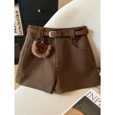 批发<b class='q'>大码</b>美拉德咖色a字呢子直筒裤女秋冬靴裤高腰显瘦配腰带毛呢短裤