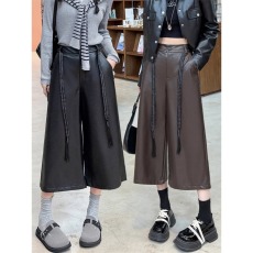 批发微胖mm咖色pu皮休闲裤女秋冬美拉德复古宽松直筒七八分裤阔腿中裤
