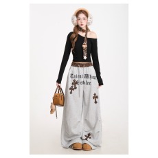 批发美式复古豹纹拼接褶皱弯刀卫裤女秋冬新款<b class='q'>设计</b>感字母宽松阔腿裤子