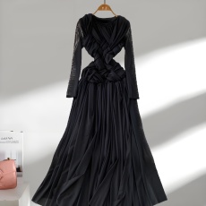 批发欧美小众时髦洋气打结网纱圆领连衣裙女秋季收腰显瘦大摆优雅长裙