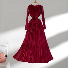 批发日韩风法式欧美小众时髦洋气打结网纱圆领连衣裙女秋季收腰显瘦大摆优雅长裙