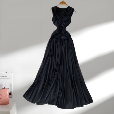 批发<b class='q'>名媛</b>小众独特设计编织交叉圆领<b class='q'>连衣裙</b>女无袖收腰显瘦大摆网纱长裙