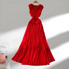 批发轻奢百搭<b class='q'>名媛</b>小众独特设计编织交叉圆领<b class='q'>连衣裙</b>女无袖收腰显瘦大摆网纱长裙