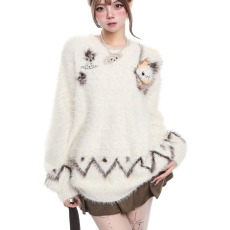 批发美式复古卡通提花套头貂毛毛衣女宽松慵懒风情侣针织衫潮
