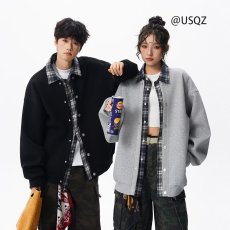 批发美式重磅灰色空气层<b class='q'>棒球</b><b class='q'>服外套</b>男春季简约宽松百搭开衫夹克