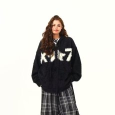 批发2025韩国chic秋季复古连帽撞色宽松马海毛长袖<b class='q'>开衫</b><b class='q'>针织</b>毛衣外套女