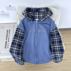 批发原创美式格纹拼接做旧连帽衫卫衣男<b class='q'>女</b>秋季街头宽松休闲开衫外套