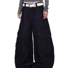 批发美式高街复古<b class='q'>牛仔</b>工装裤女2025新款vibe宽松显瘦直筒阔腿拖地裤子