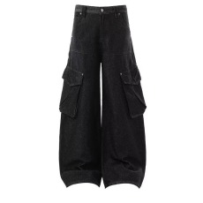 批发美式复古vintage阔腿工装裤男高街多口袋做旧<b class='q'>牛仔裤</b>垂感直筒裤子