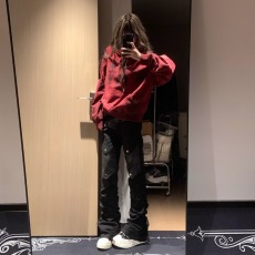 批发欧美街头褶皱堆积感拼接男女赛博朋克摇滚PU直筒<b class='q'>牛仔</b>微喇裤