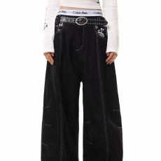 批发美式复古设计阔腿<b class='q'>牛仔</b>裤女高街潮牌休闲百搭直筒裤宽松显瘦拖地裤